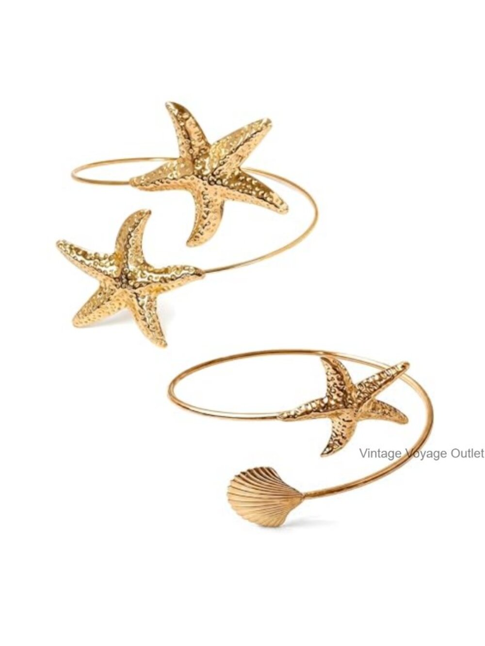 Starfish Arm Cuff Women Gold Open Bangle Adjustable Upper Arm Jewelry 2Pc